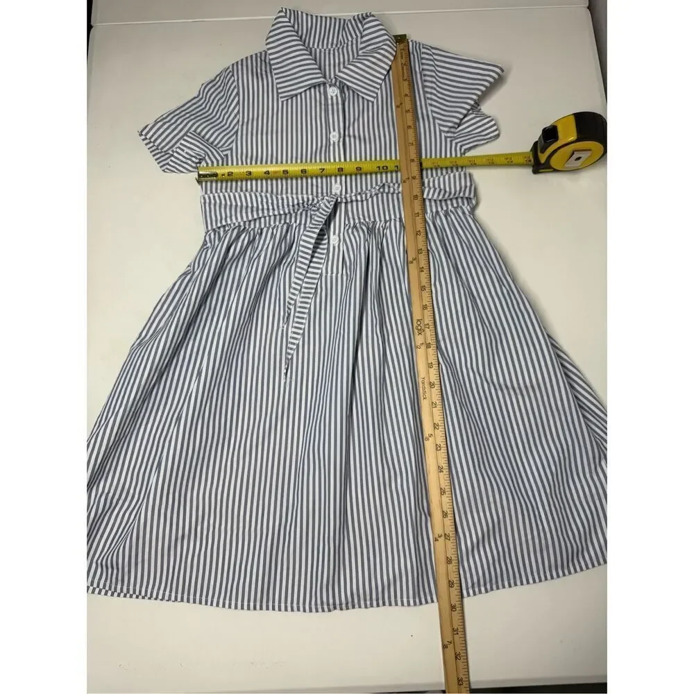SHEIN Girls Stripped Dress Size 140 EU/ 8-10 US Gray White Belted